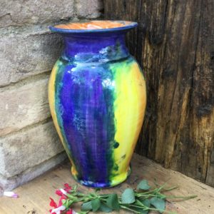 Small Vase, for Flowers,blue and yellow stripes, hand made ,hand painted from Luka
