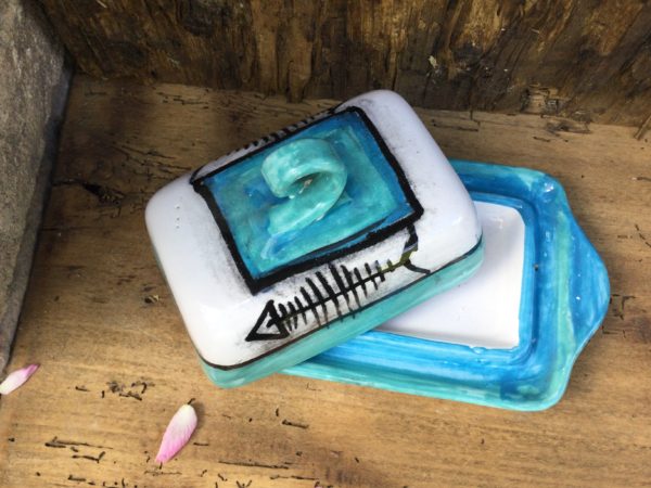 butter dish fish bone light blue